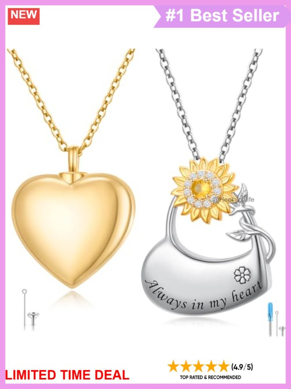 925 Sterling Silver Sunflower Heart Urn Necklace for Ashes Memorial Keepsake